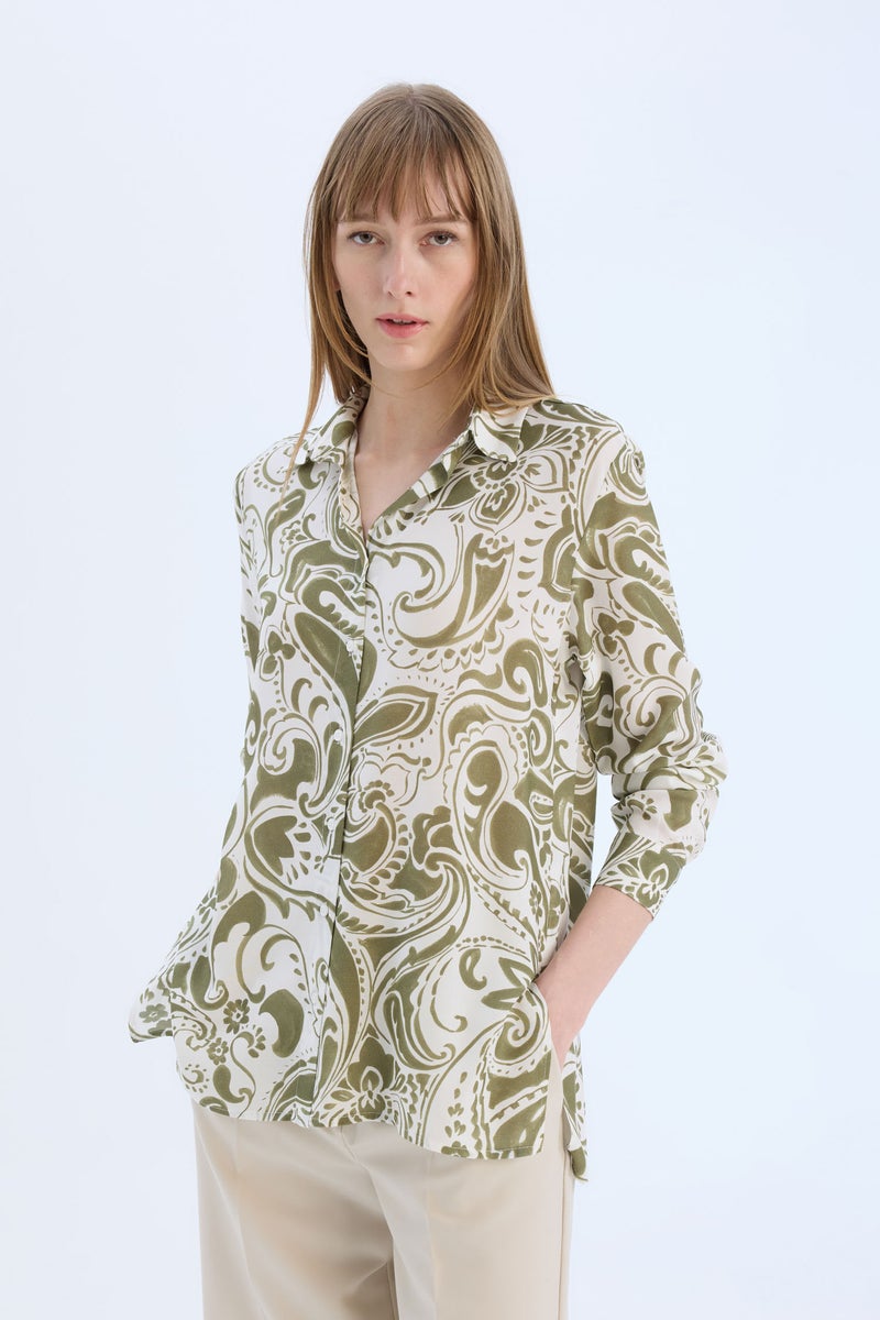 DeFacto Green Woman Oversize Shirt Collar Printed Long Sleeve Tunic Casual - Image 4